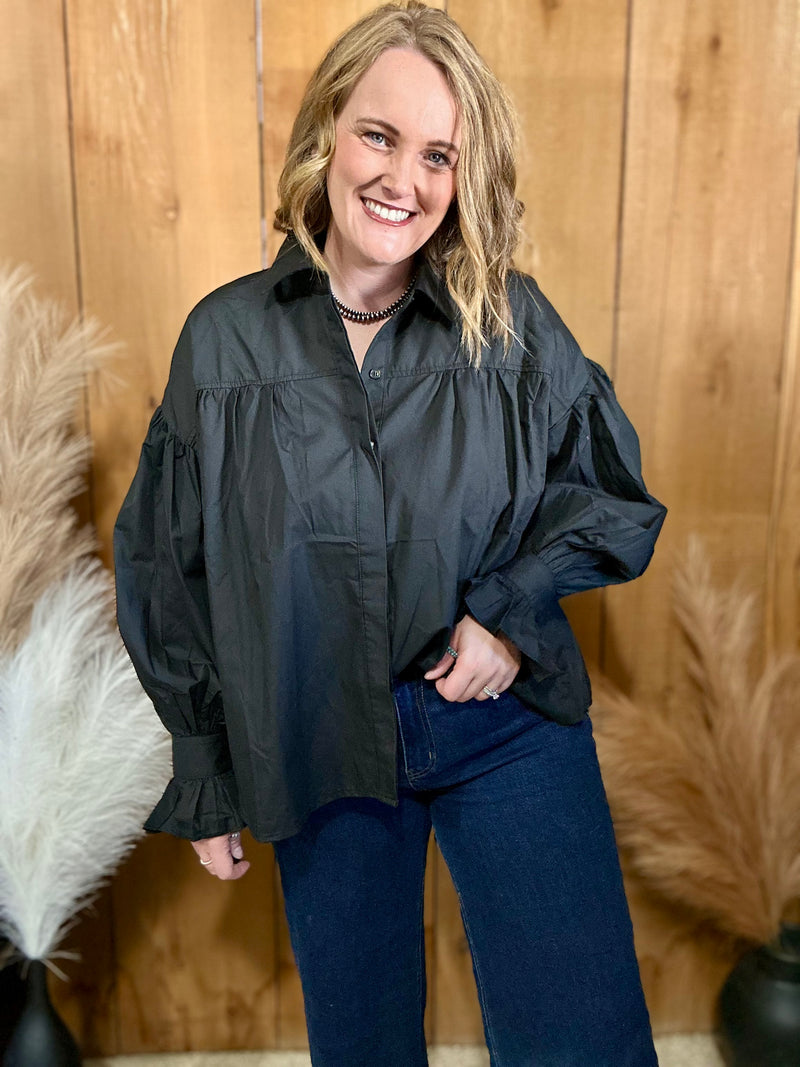 Black Puff Sleeve Button Down Top