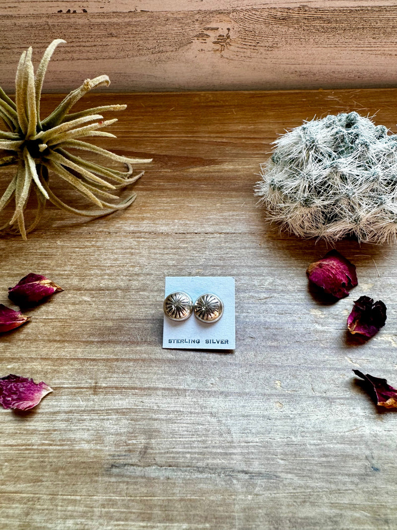 Mini Round Sterling silver stud earrings with stamp details