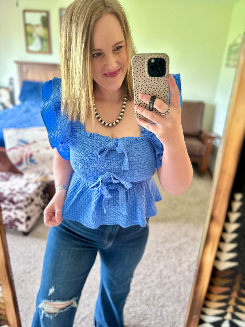 Blue Textured Smocked Bow Top