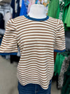 Tan Striped Top with Teal Trim