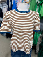 Tan Striped Top with Teal Trim