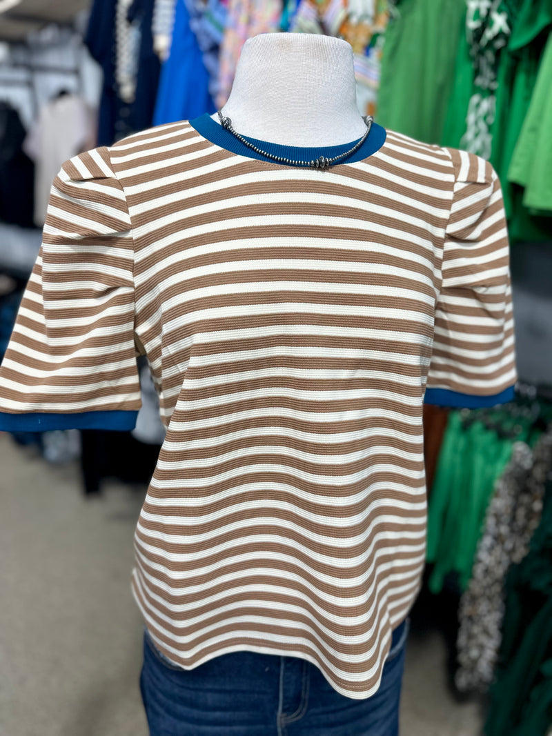 Tan Striped Top with Teal Trim