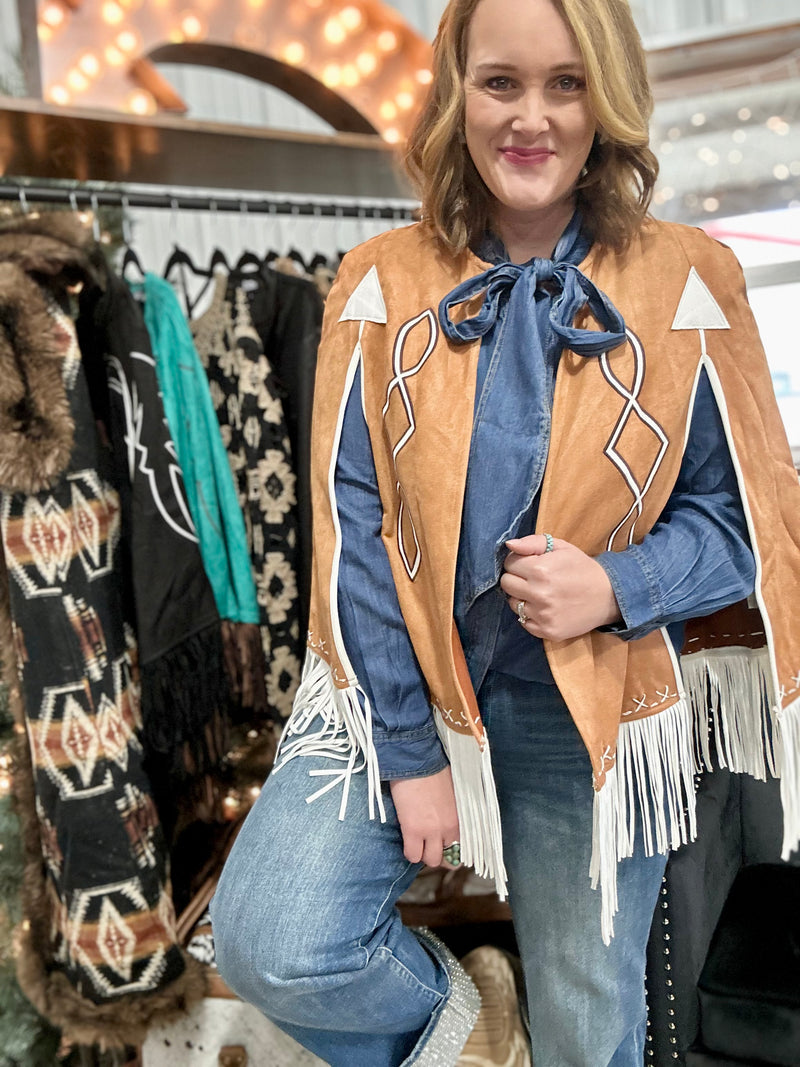 Tan Suede Boot Stitch Embroidered Cape