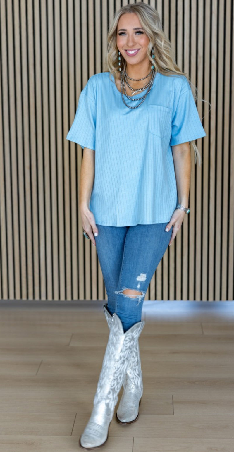 Sky Blue Ribbed Boyfriend Top