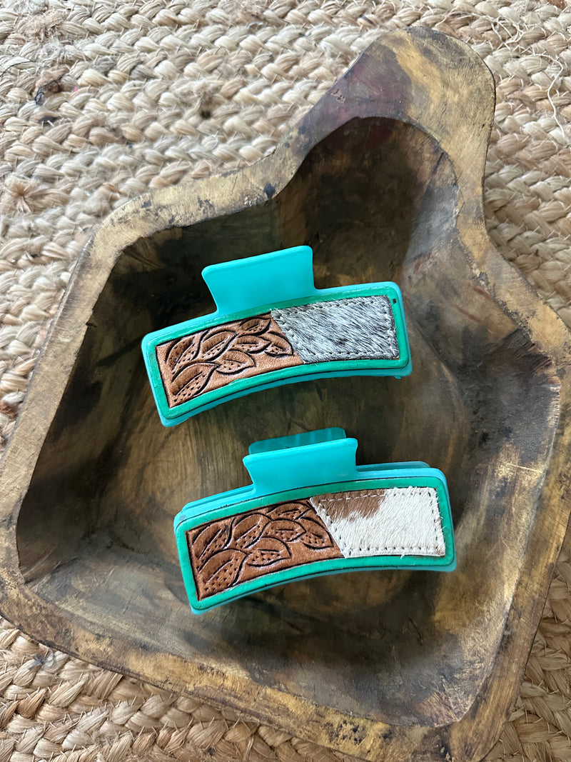 Tooled Leather / Cowhide Turquoise Claw Clip