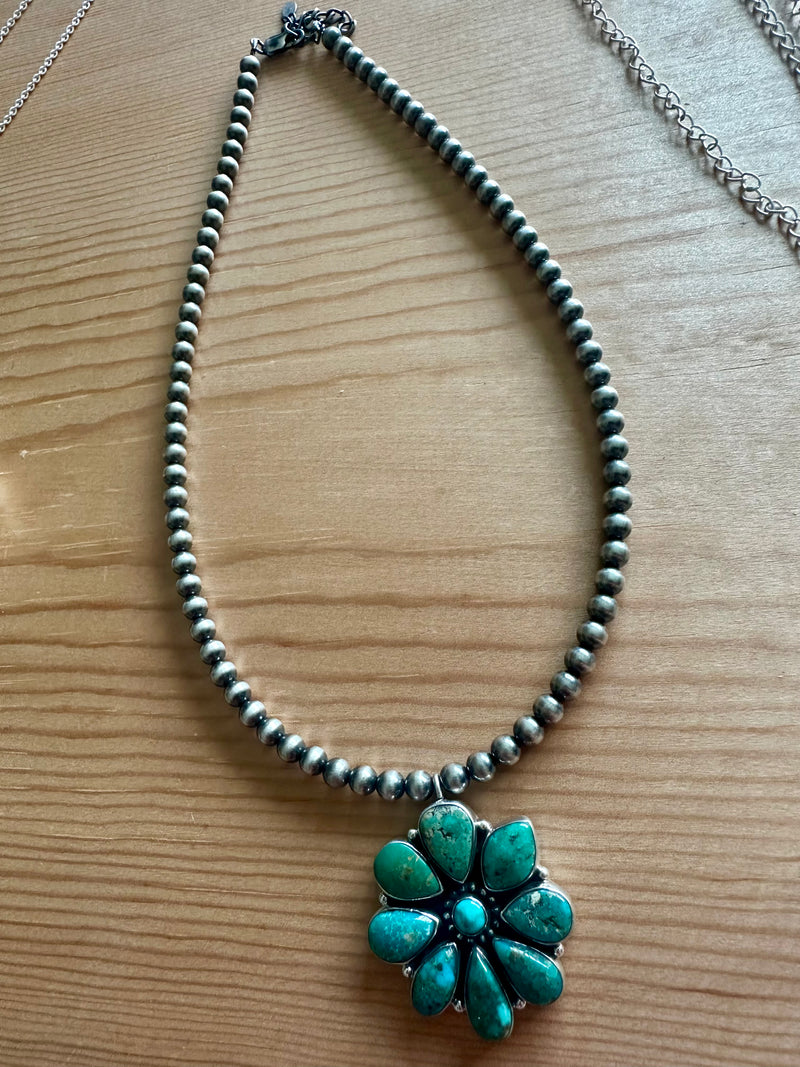 Turquoise Cluster Pendant With Pearl Necklace