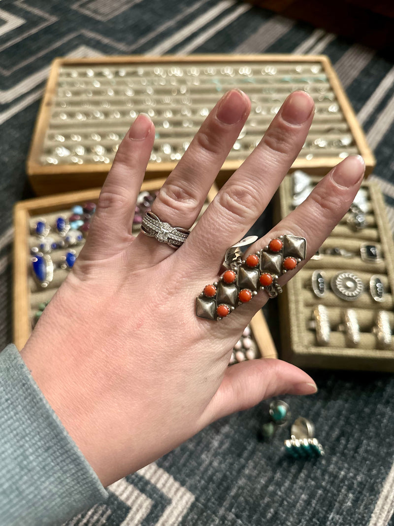 NAVAJO CORAL STERLING SILVER ADJUSTABLE RING SIGNED RUSSELL SAM