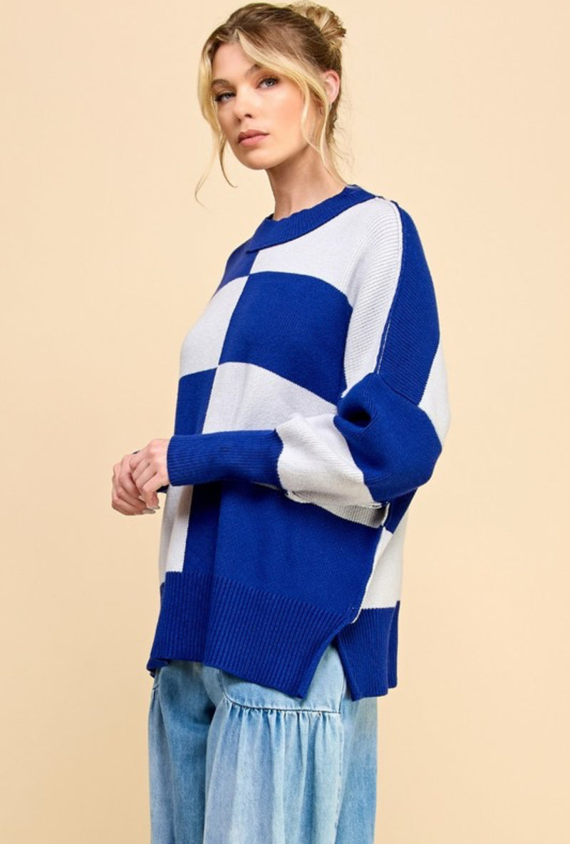 Checkered Block Sweater - Grey/Royal