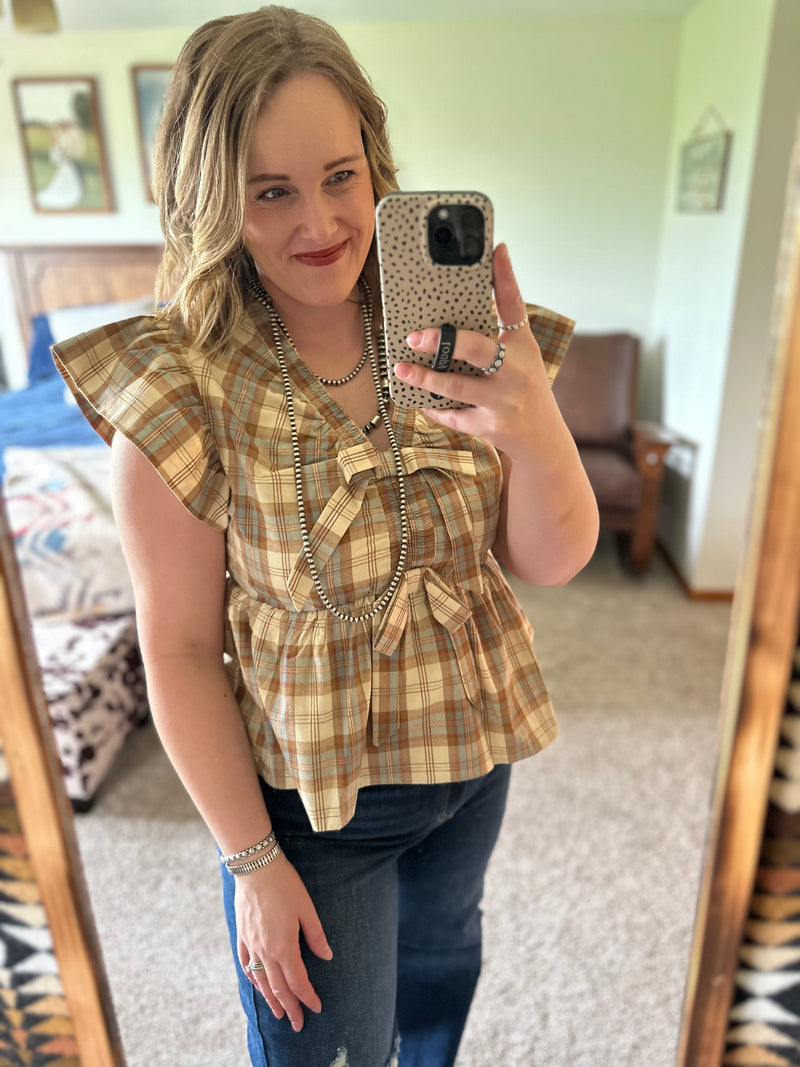 Plaid Peplum Bow Top
