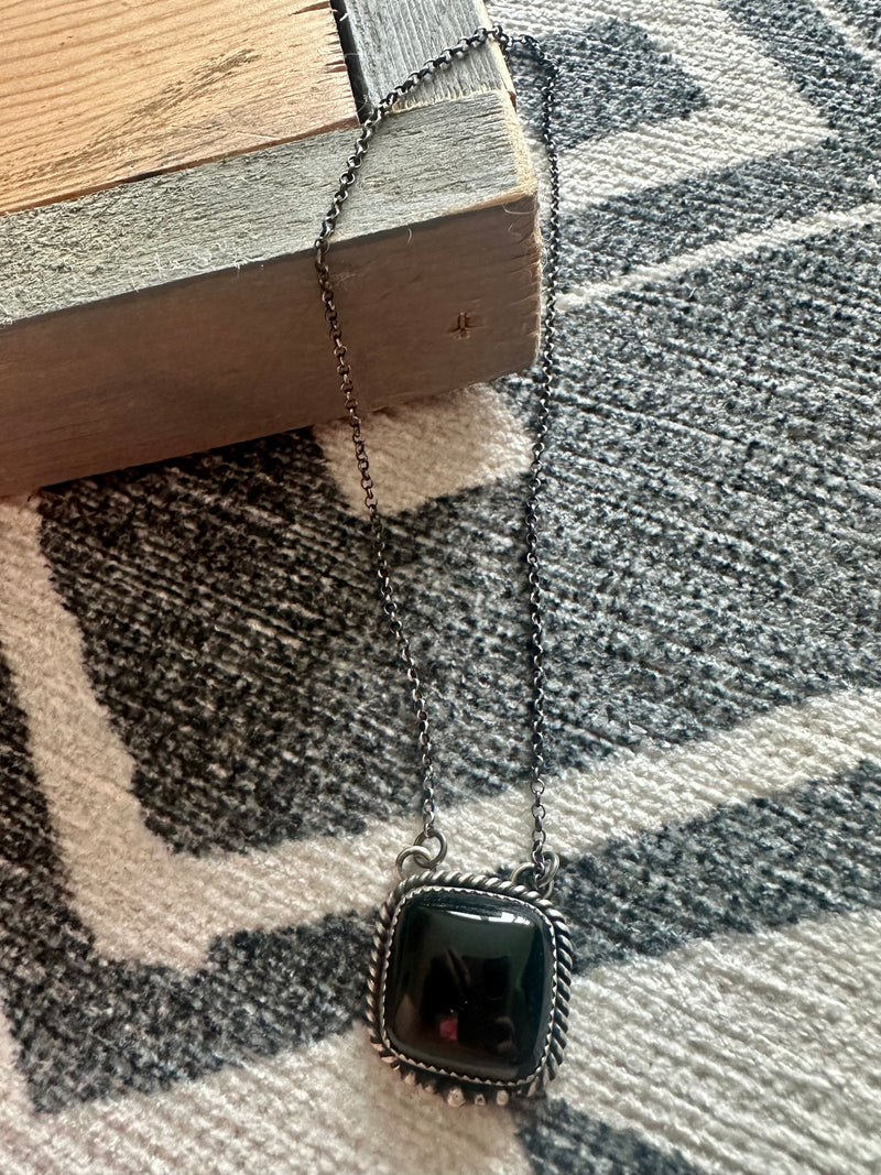 Black Onyx Square Stone Necklace