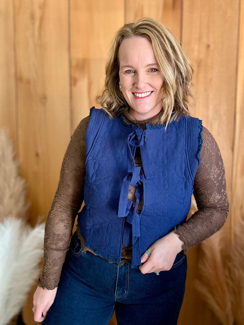 Floral Quilted Lace Trim Vest - Navy