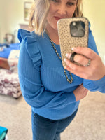 Blue Ruffle Shoulder Sweater