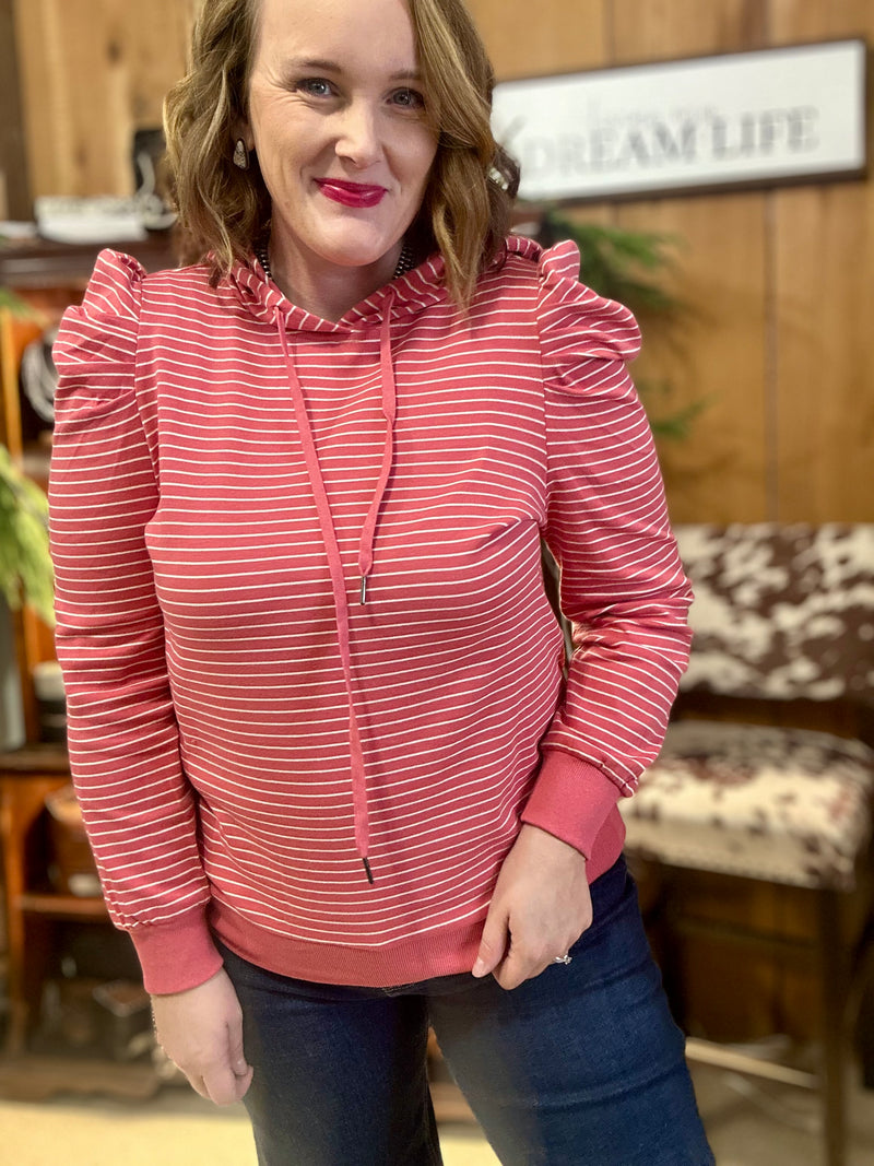 Coral Puff Sleeve Striped Hoodie