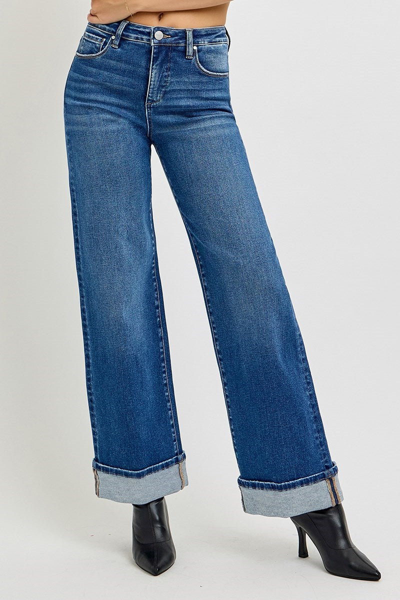 Risen Cuffed Wide Leg Jeans