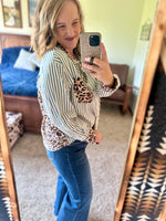 Chambray Striped Leopard Detail Button Up