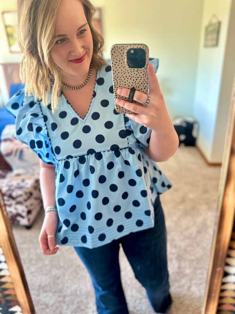 Blue Polka Dot Flutter Sleeve Top