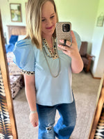 Light Blue Leopard Trim Top