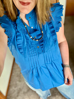 Blue Pleated Ruffle Sleeve Top
