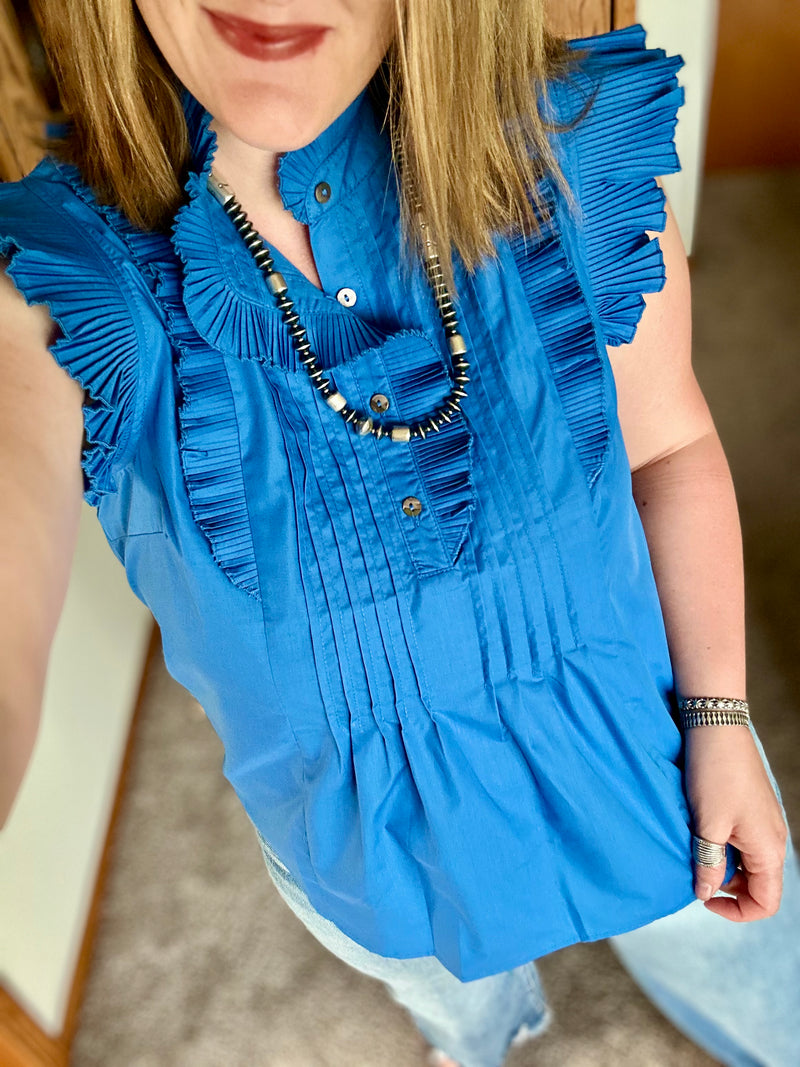 Blue Pleated Ruffle Sleeve Top