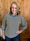 Black Striped Top with Blue Hem