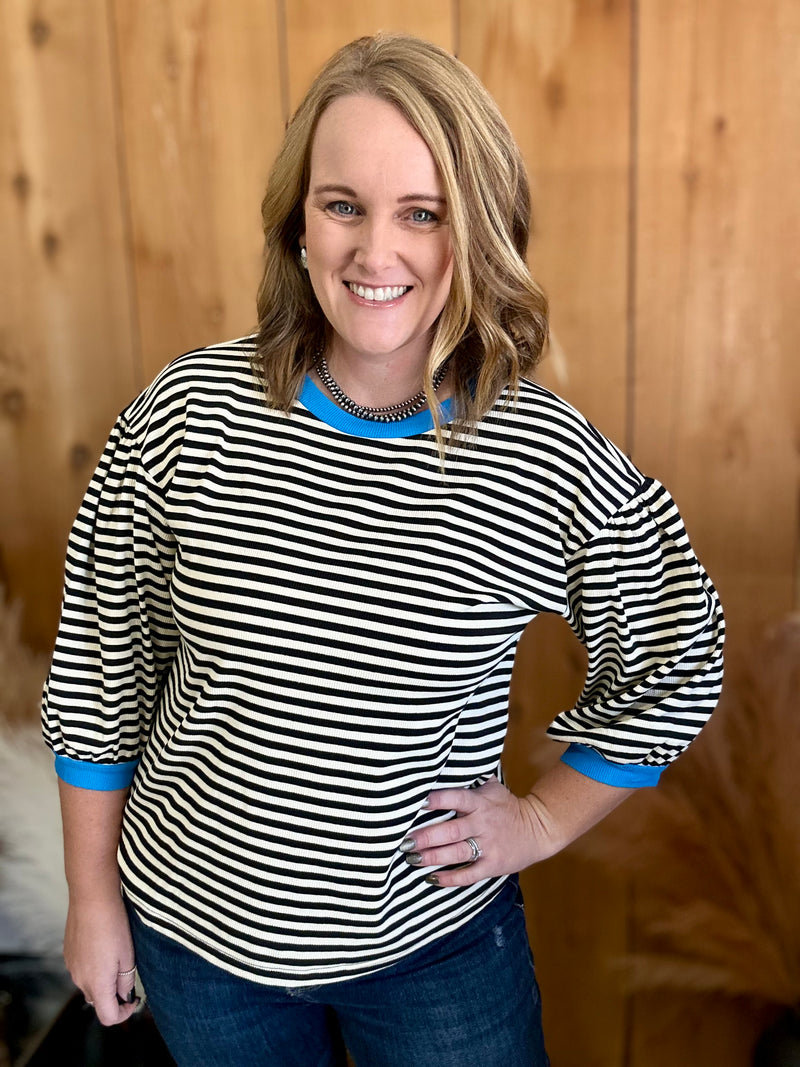 Black Striped Top with Blue Hem