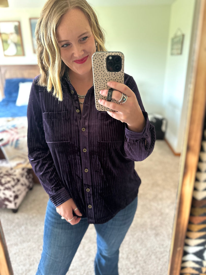 Velvet Button Down Top - Purple