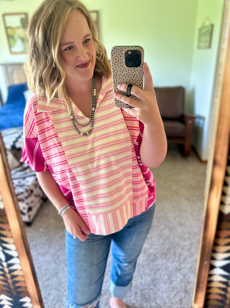 Pink Combo Collar Top