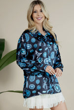 Turquoise Jewels Satin Button Down - Black