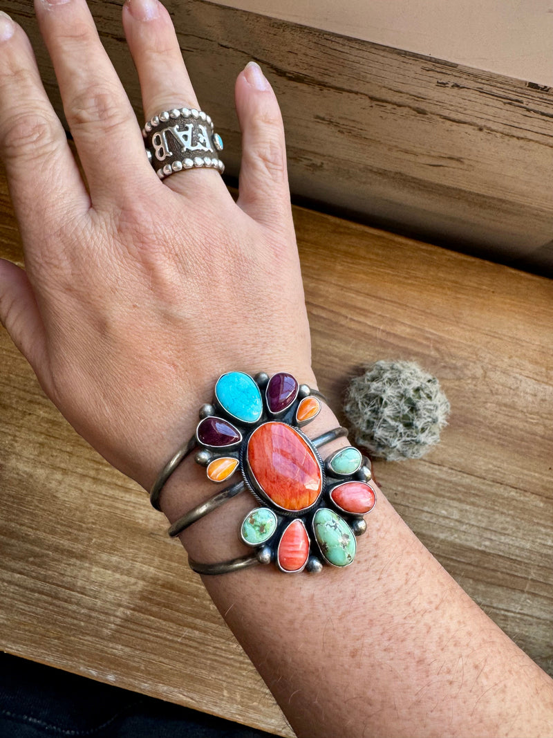 Cuff Bracelet - Mix Stone turquoise and Shell & Sterling Silver