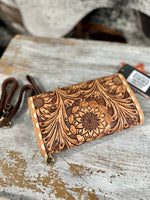 Tooled Leather Wallet with Wristlet & Crossbody Strap