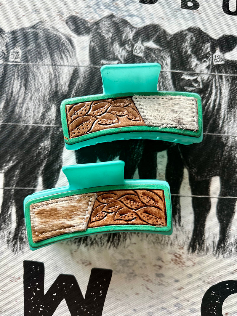 Leather / Cowhide Turquoise Claw Clip - 4”