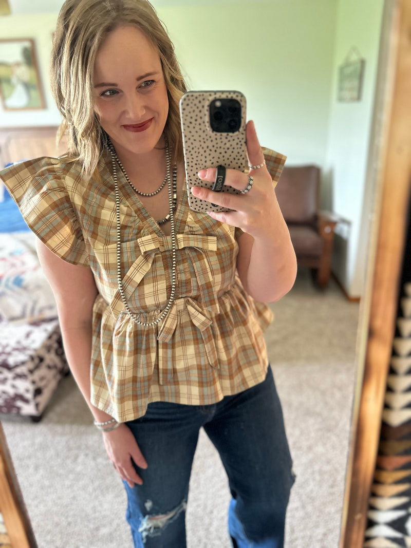 Plaid Peplum Bow Top