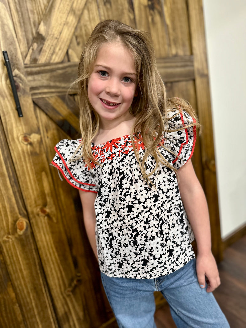 Girls Black Floral Embroidered Top