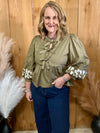 Olive Embroidered Sleeves Bow Tie Top