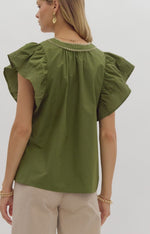 Olive Stitched Ruffle Sleeve Top