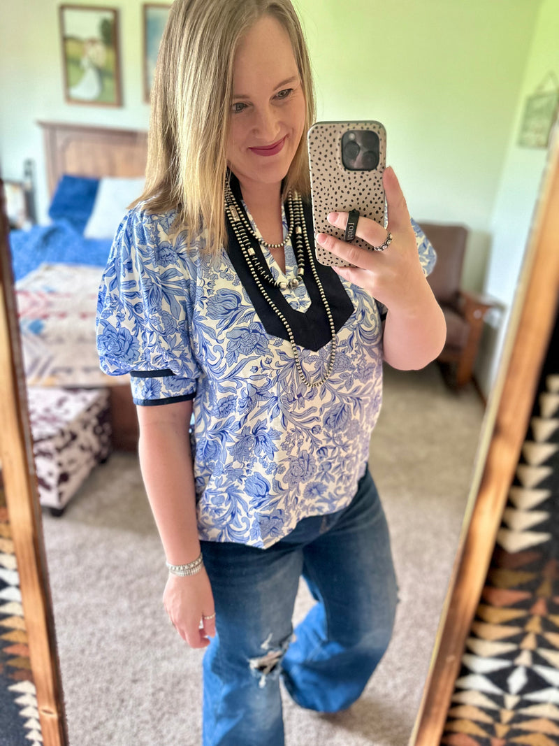 Blue Floral Print Puff Sleeve Top