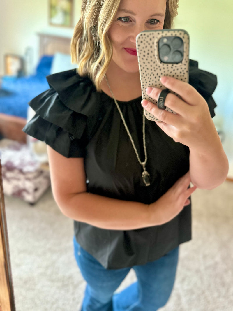 Black Triple Ruffle Sleeve Top