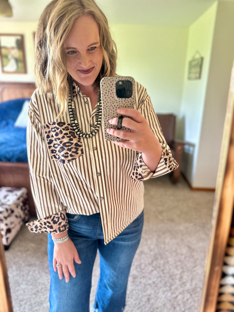 Brown Striped Leopard Detail Button Up