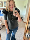 Black Pleather Puff Sleeve Top