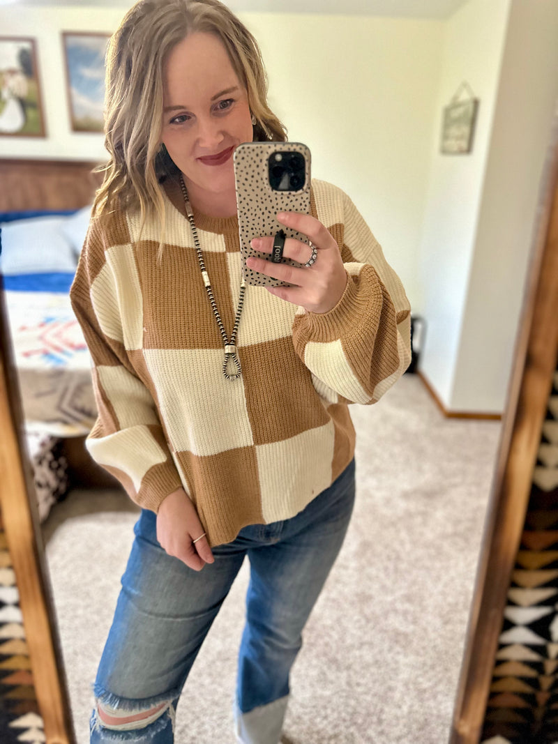 Oversized Checker Sweater - Sand