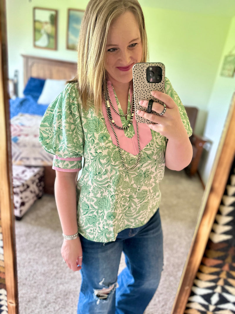 Green Floral Print Puff Sleeve Top