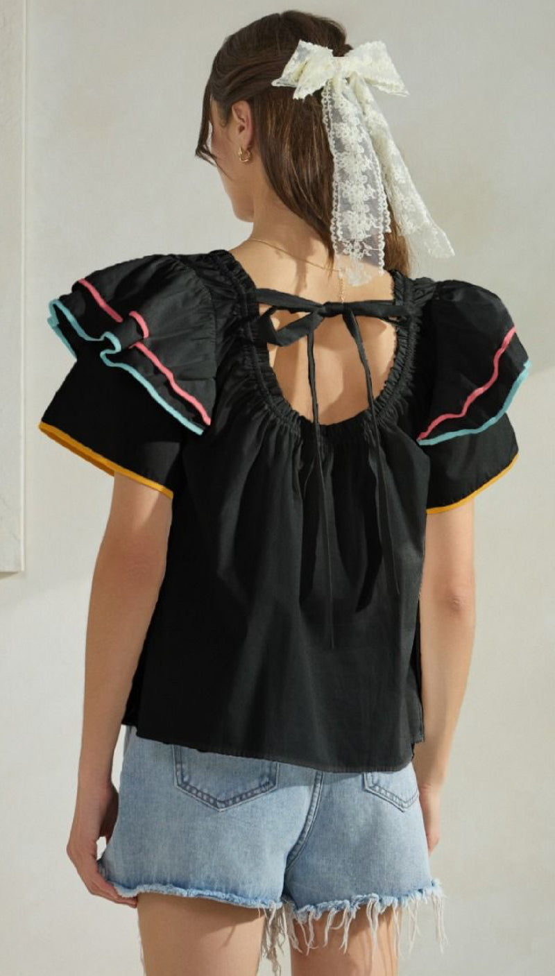 Black Multi Color Tier Sleeve Top