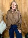 Brown Puff Sleeve Button Down Top
