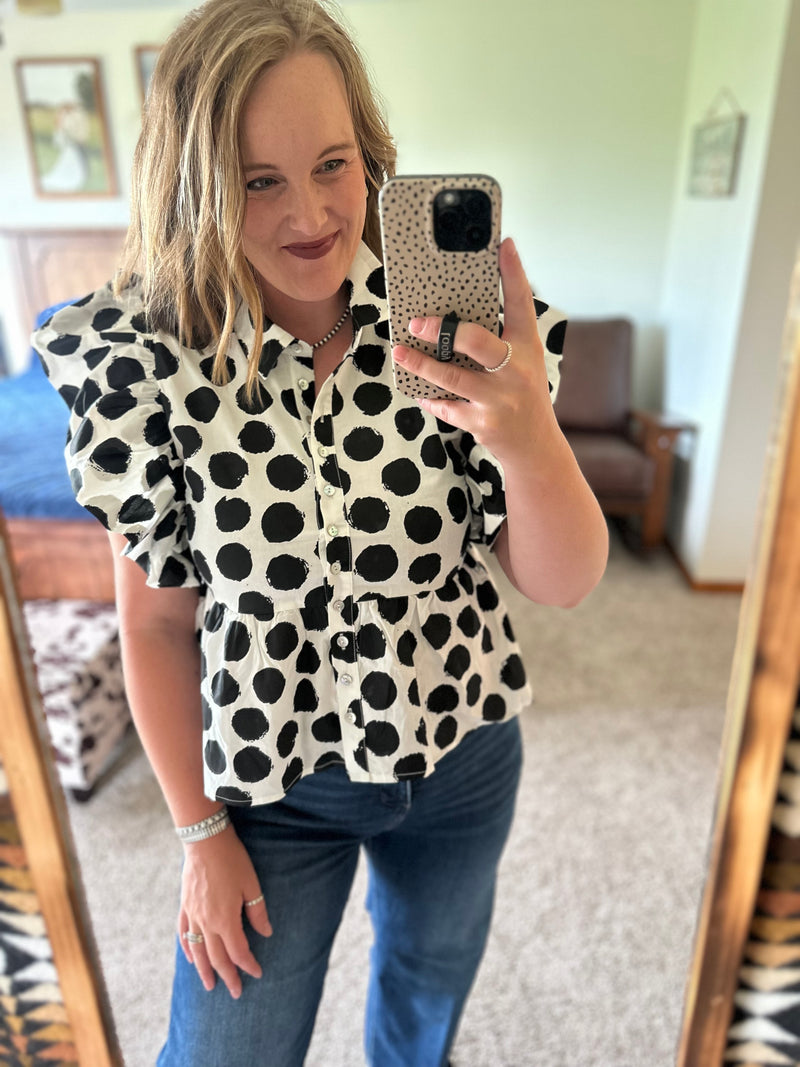 Black Dot Peplum Button Up Top