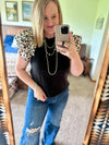 Black Ribbed Leopard Shoulder Top