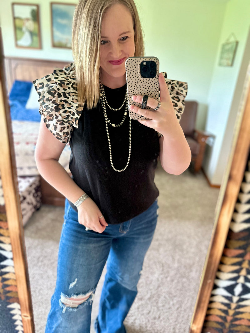 Black Ribbed Leopard Shoulder Top