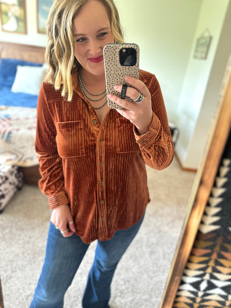 Velvet Button Down Top - Rust