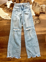 Risen Medium Wash Distressed Wide Leg Jeans