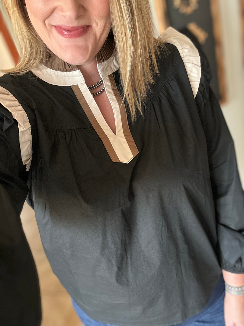Black Striped Flutter Shoulder Top