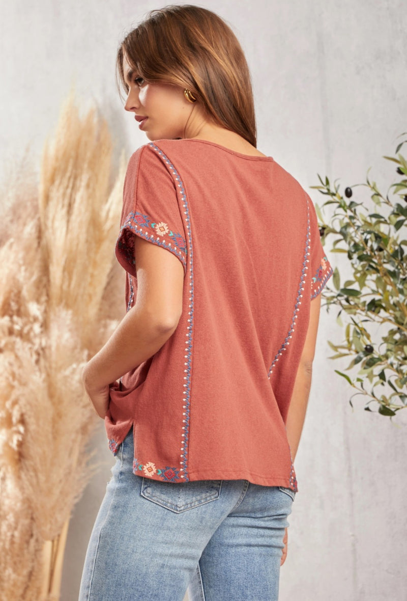 Rust Aztec Embroidered Top